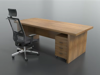 Modern Wooden Office Desk With Drawer Cabinet And Black Mesh Chair 3d model