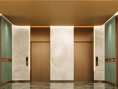 Modern Elevator Lobby With Polished Marble Walls Gold Doors And Warm Lighting Design 3d model