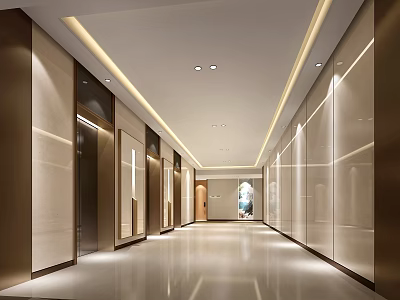 Modern Elevator Corridor With Stylish Lighting And Wall Panels 3d model