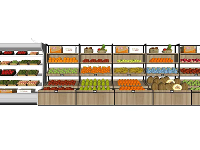 Well Organized Fruit Display Shelves With Various Fresh Fruits In Grocery Store 3d model