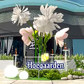 Outdoor Decorated Arch With Green Plants Bloomville Sign And White Circular Decor On Lawn