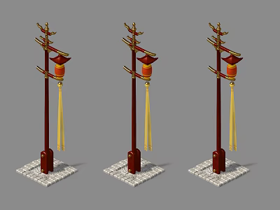 Chinese Style Outdoor Lights with Red Lanterns Golden Accents and Tassels on Stone Base 3d model