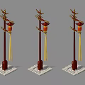Chinese Style Outdoor Lights with Red Lanterns Golden Accents and Tassels on Stone Base