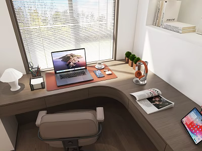 Home Study Room With Curved Desk Laptop Potted Plants Books Magazine And Window 3d model