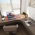 Home Study Room With Curved Desk Laptop Potted Plants Books Magazine And Window