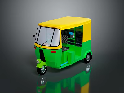 Yellow And Green Three Wheel Auto Rickshaw Passenger Vehicle With Transparent Windows 3d model