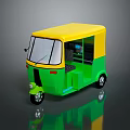 Yellow And Green Three Wheel Auto Rickshaw Passenger Vehicle With Transparent Windows