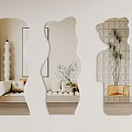 Unique Shaped Mirrors Reflecting Modern Interior With Sofa Plant And Decor