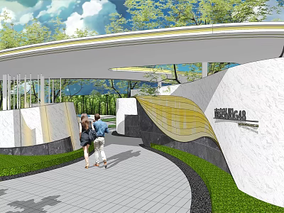 Building Exterior Wall With Wavy Yellow Design Curved Canopy Greenery Trees and Pedestrians 3d model