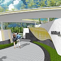 Building Exterior Wall With Wavy Yellow Design Curved Canopy Greenery Trees and Pedestrians