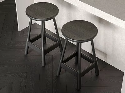 Sleek Minimalist Solid Black Wood Round Bar Stools Set For Contemporary Home Kitchen Counter Decor 3d model