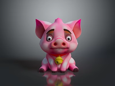 Cartoon Pink Pig Toy With Red Collar And Gold Bell Sitting On Black Surface 3d model