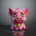 Cartoon Pink Pig Toy With Red Collar And Gold Bell Sitting On Black Surface
