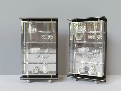 Elegant Modern Buffet Cabinet with Transparent Glass Doors and Crystal Decor on Wheels 3d model