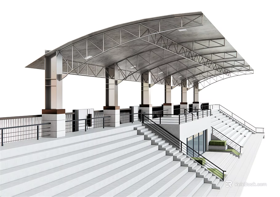 Modern Public Grandstand With Canopy Roof Staircases Railings And Supporting Columns 3d model 