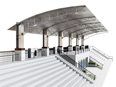 Modern Public Grandstand With Canopy Roof Staircases Railings And Supporting Columns 3d model