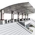 Modern Public Grandstand With Canopy Roof Staircases Railings And Supporting Columns