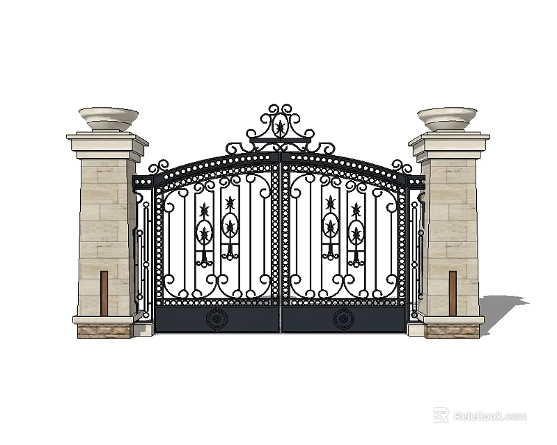 Ornate Wrought Iron Entrance Gate With Decorative Details And Stone Pillars 3d model 