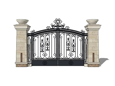 Ornate Wrought Iron Entrance Gate With Decorative Details And Stone Pillars 3d model
