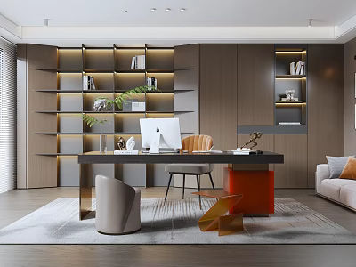 Modern Study Room Interior With Wooden Shelves Desk Computer Chair And Sofa 3d model
