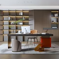 Modern Study Room Interior With Wooden Shelves Desk Computer Chair And Sofa