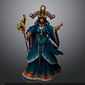 Woman Sorceress In Elaborate Blue Red Gown With Ornate Headdress And Magic Staff