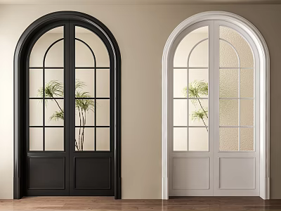 Stylish Black And White Hinged Doors With Arched Top Glass Panes And Indoor Plants 3d model