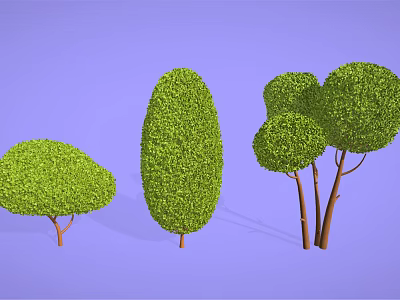 Cartoon Scenery With Various Shaped Green Shrubs Against Purple Background And Brown Tree Trunks 3d model