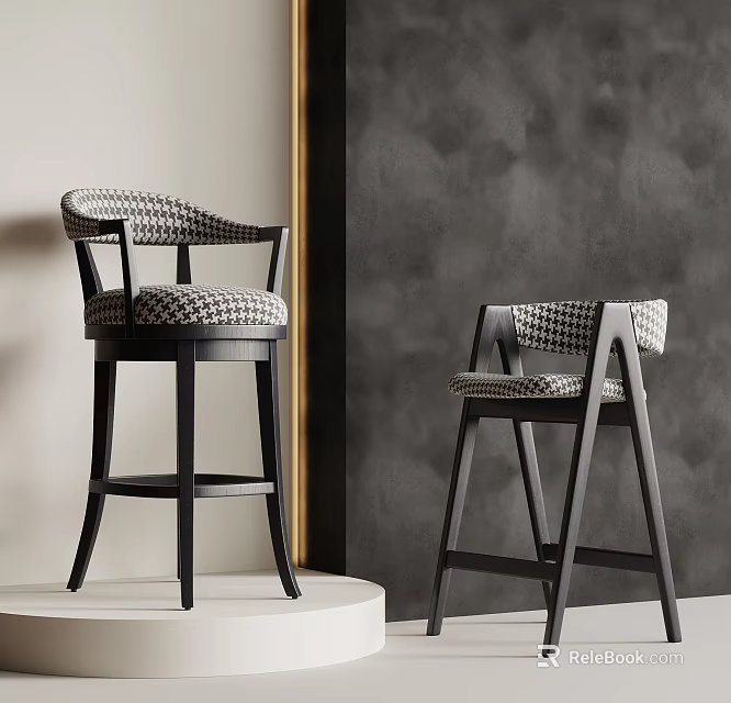 Elegant Modern Bar Stool And Dining Chair With Houndstooth Upholstery Black Frame Interior Design 3d model 