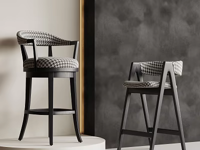 Elegant Modern Bar Stool And Dining Chair With Houndstooth Upholstery Black Frame Interior Design 3d model