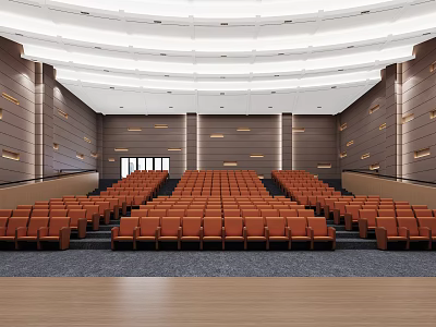 Modern Conference Room Interior Design With Tiered Seating Orange Chairs And Wooden Panel Walls 3d model