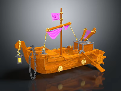 Wooden Ship Design Featuring Pink Flag Skull Symbol Lantern Chain And Oar 3d model