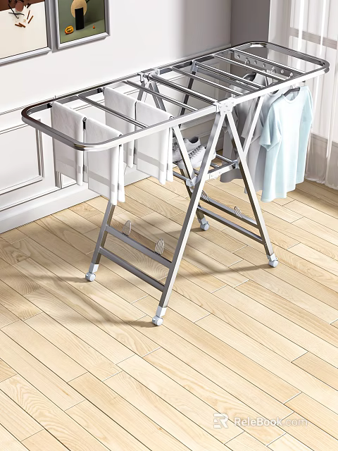 Foldable Metal Clothes Drying Rack with Towels and T-Shirt Drying on Indoor Wooden Floor 3d model 