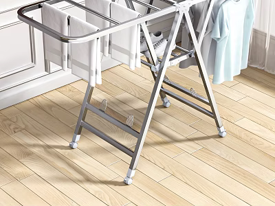 Foldable Metal Clothes Drying Rack with Towels and T-Shirt Drying on Indoor Wooden Floor 3d model
