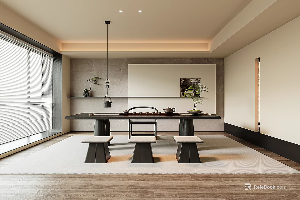 Modern Tea Room Interior With Long Table Stools And Plants 3d model