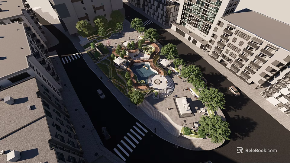 Urban Park with Central Circular Water Feature Lush Trees and Walkways Near High Rises 3d model 