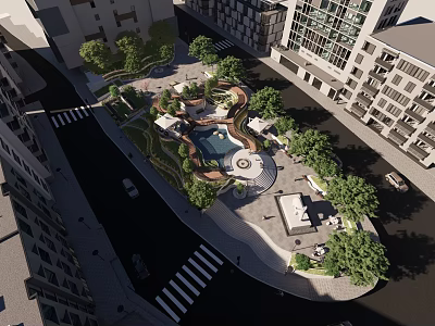 Urban Park with Central Circular Water Feature Lush Trees and Walkways Near High Rises 3d model