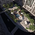 Urban Park with Central Circular Water Feature Lush Trees and Walkways Near High Rises