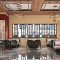 Elegant Modern Restaurant Interior With Wooden Ceiling Chandelier Dining Tables Chairs And Decorative Plants