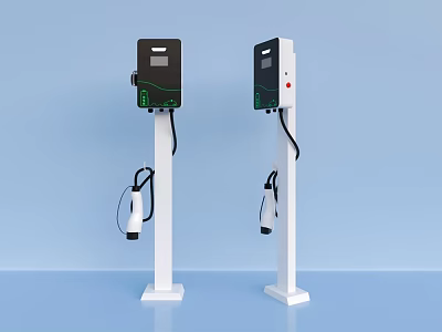 Modern EV Charging Stations With White Pillars Black Screens And Charging Cables 3d model