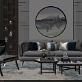 Grey Sofa and Coffee Table Set With Multiple Throw Pillows Two Tables And Circular Painting 3d model