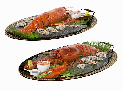 Fresh Seafood Platter with Lobster Oysters Ice Lettuce and Lemon Slices 3d model