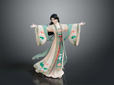 Woman Wearing Traditional Light Robe With Floral Patterns And Green Accents In Dancing Pose 3d model