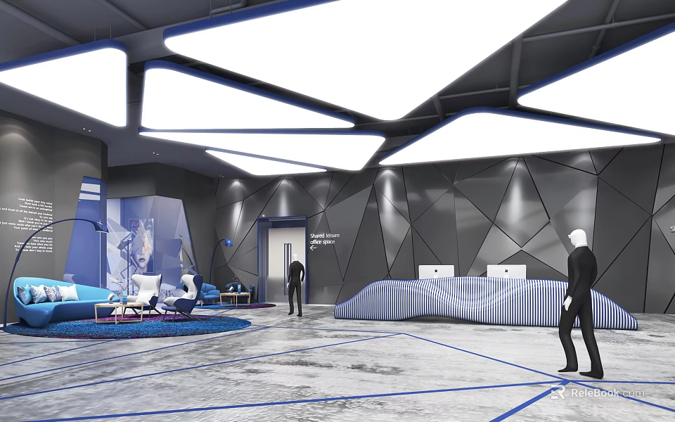 Modern Reception Space With Geometric Patterned Walls Wavy Desk Blue Seating And White Ceiling Lights 3d model