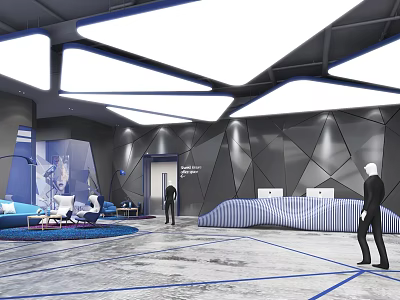 Modern Reception Space With Geometric Patterned Walls Wavy Desk Blue Seating And White Ceiling Lights 3d model