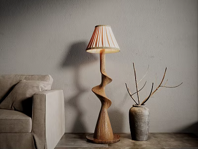 Floor Lamp With Spiral Wooden Base And Striped Lampshade In Minimalist Living Room 3d model