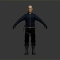 Man Wearing Dark Blue Jacket Black Pants Black Gloves And Boots On Gray Gradient Background