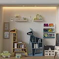 Giraffe Shaped Yellow And Blue Bookcases With Wall Shelves Toys Decor In Kids Room