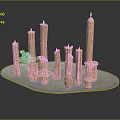 Multiple Wooden Candle Lamps Arranged On Silver Tray With Varying Heights Design