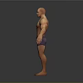 Bald Head Muscular Game And Movie Character In Purple Shorts Standing Pose With Grey Background